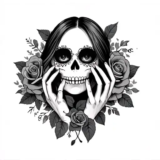 center is day of the dead girl face, with a girly female skull somewhere, and the Skelton hands holding the face, roses  tattoo design idea