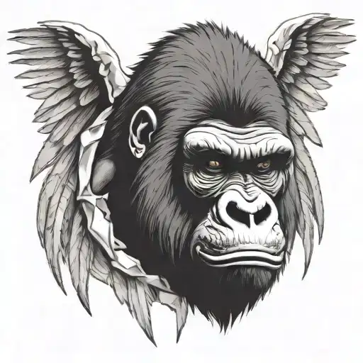a gorilla head with bandages teeth shininggorillas headripped from the body bleeding and has large wings in behind it tattoo design idea