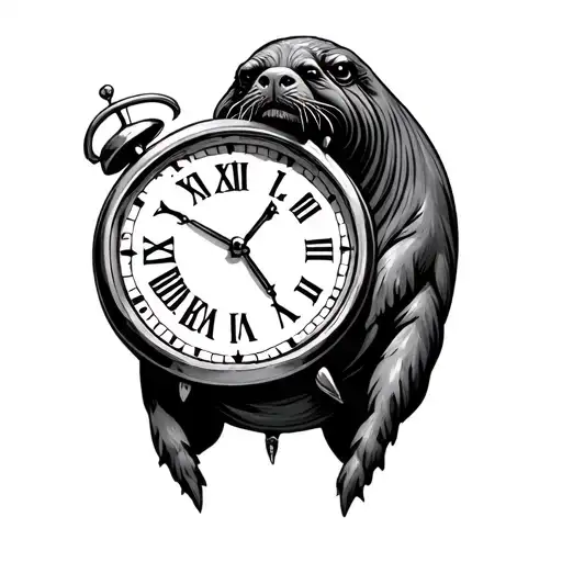 A full black line with the r in walrus a black line full ave v in walrus and a clock tattoo design idea