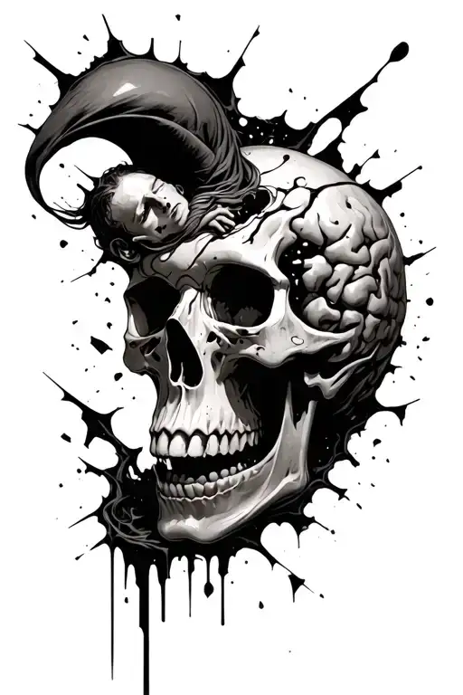 gothic skull with a person curled inside the brain cavity and the top top the skull shattering and breaking apart. tattoo design idea