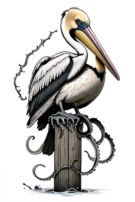 high detailed pelican sitting on an dock post dock post that is covered in barnacles, with octopus tentacles on the post tattoo design idea