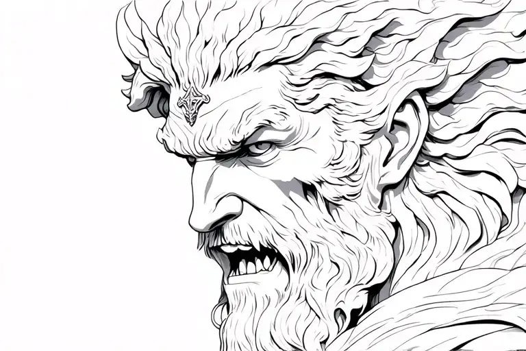 imagine A highly detailed black-and-white illustration of Hades, Greek god of the underworld, fierce and commanding, tattoo design idea