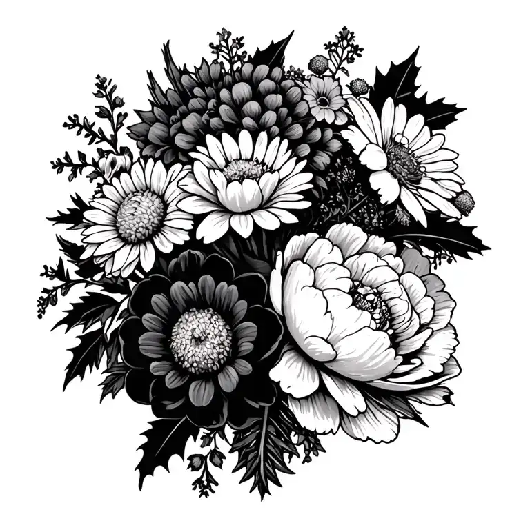 boquet of flowers just with the outline of them Violet daffodil Peony chrysanthemum  holly marigold  tattoo design idea