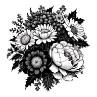 boquet of flowers just with the outline of them Violet daffodil Peony chrysanthemum  holly marigold  tattoo design idea