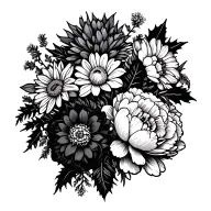 boquet of flowers just with the outline of them Violet daffodil Peony chrysanthemum  holly marigold  tattoo design idea