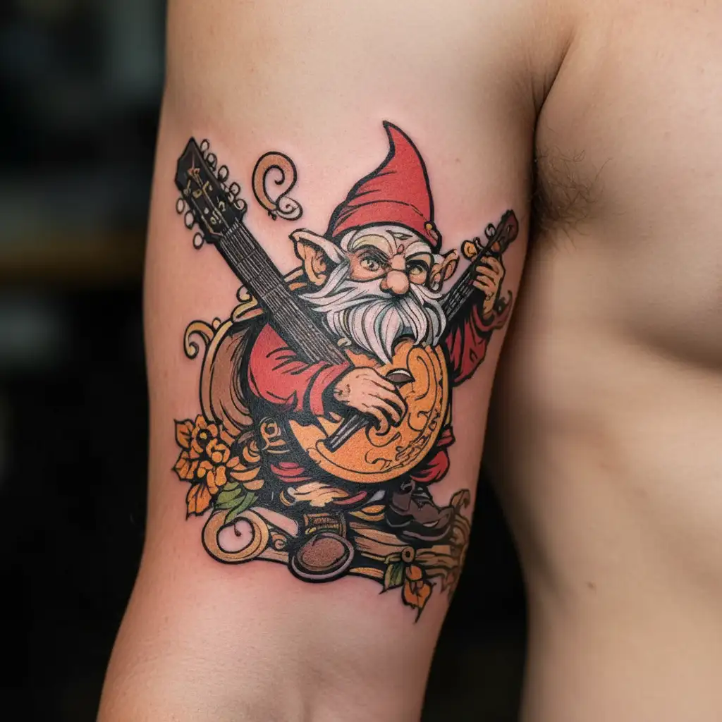 gnome with a medieval mandolin tattoo design idea