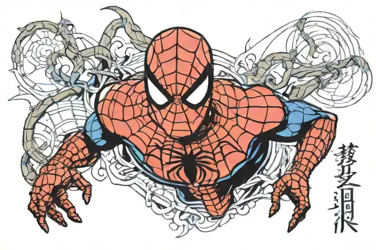 Ultra-realistic completely accurate ultra-detailed ultra-uncanny lifelike spiderman full arm tattoo sleeve.  tattoo design idea
