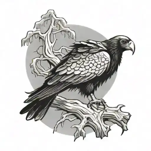 turkey vulture perched on tree in shape of bones tattoo design idea
