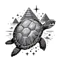 turtle shell from above with pyramids, scuba gear and stars tattoo design idea