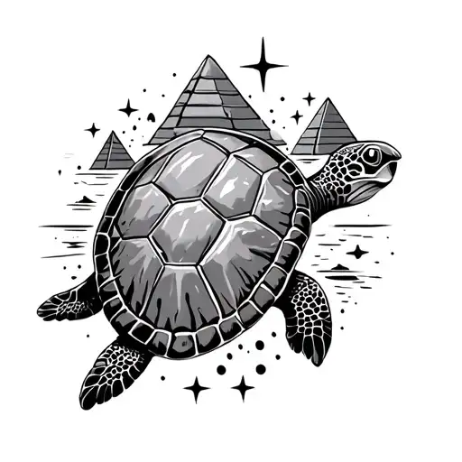 turtle shell from above with pyramids, scuba gear and stars tattoo design idea