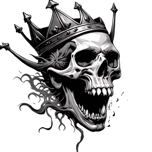 skull with crown on head with jaw wide open demons coming out of mouth tattoo design idea