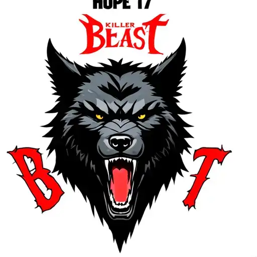 one centered black werewolf head with "Hope 17 Killer" written above in red and the word "BEAST" written below tattoo design idea
