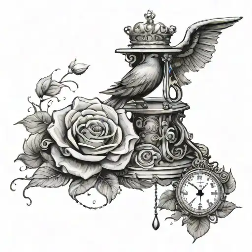 A set of scales with one side weighed down by a single rose or a dove and the other side by crown and sword tattoo design idea
