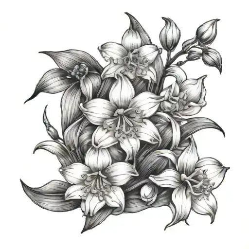 snowdrop, cherry blossom, lily of the valley, honeysuckle, narcissus tattoo design idea