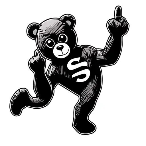The letter S with a stick figure superhero teddy bear holding up the middle finger. tattoo version tattoo design idea