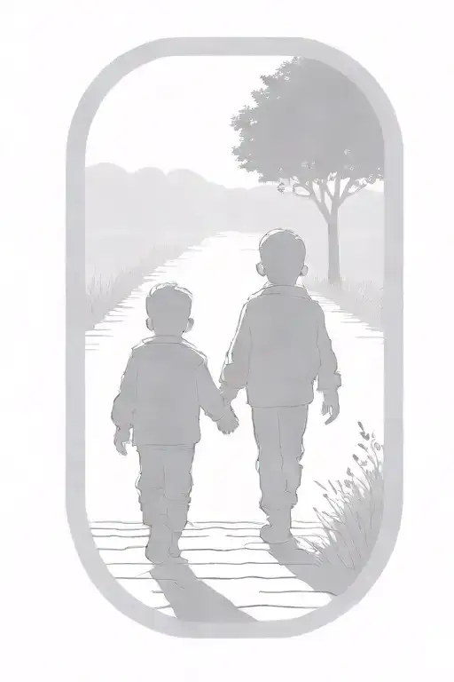 2 small brothers, holding hands one taller a bigger than the other the small one ears stick out tattoo design idea