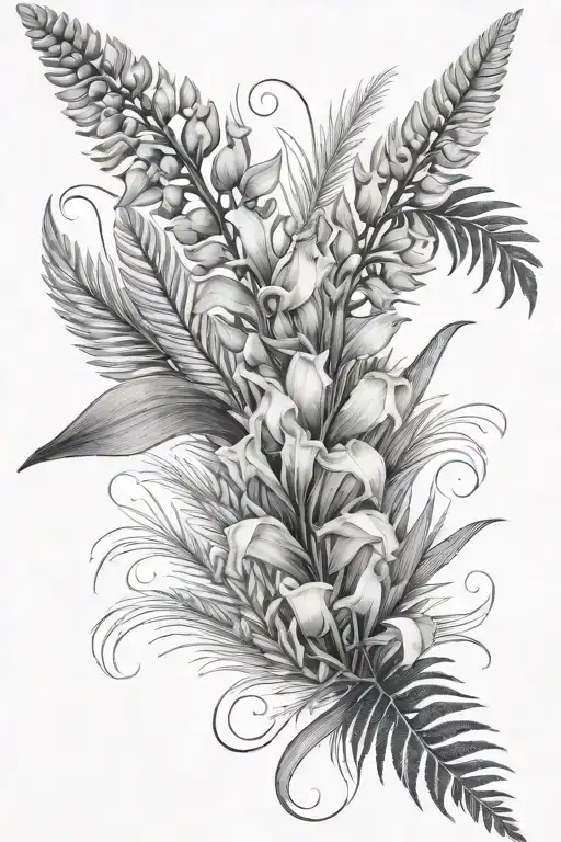 fern leaf and gladioli flowers blooming tattoo design idea