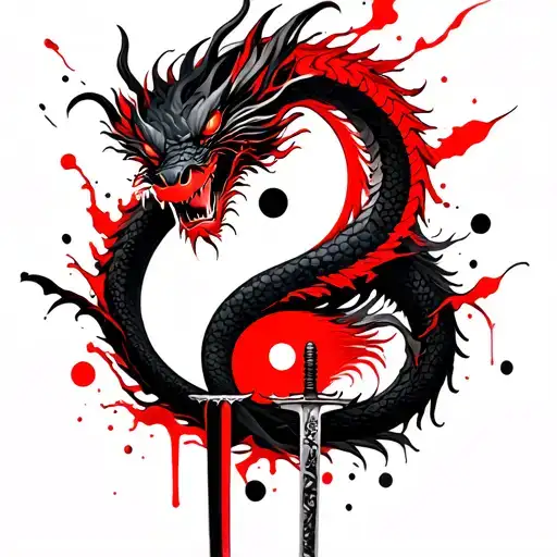 chinese dragon wrapped around a katana with the dragon being the yin and the katana being the yang  tattoo design idea