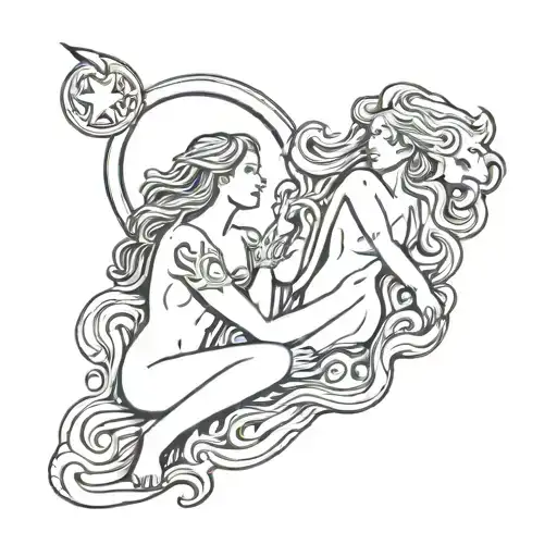 Aquarius goddess sitting next to Leo god holding fire tattoo design idea