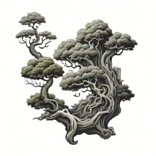 a twist inspired by the movie Fight Club, incorporating elements of sprouting bonsai and Japanese motifs tattoo design idea