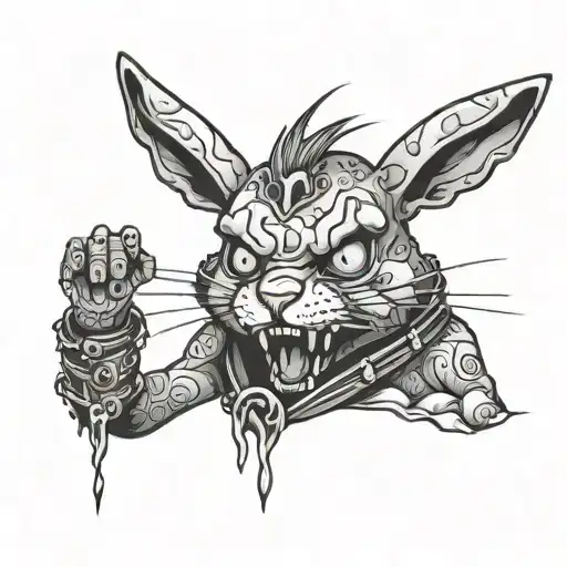 melting edgy bunny with a spiked choker and demon eyes tattoo design idea