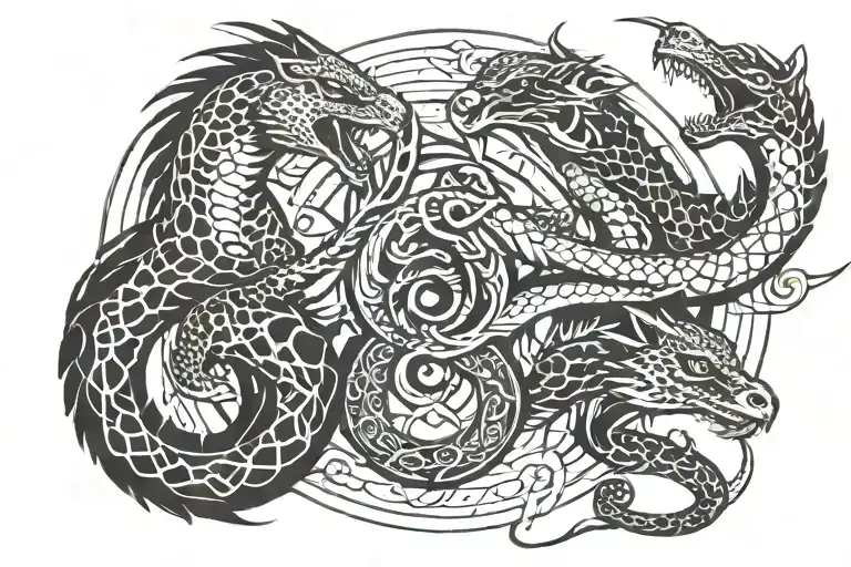 falcon, cheetah, dragon & snake intertwined symbolizing tattoo design idea
