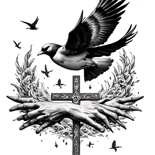 8 bird flying towards hands and Jesus cross surrounded tattoo design idea