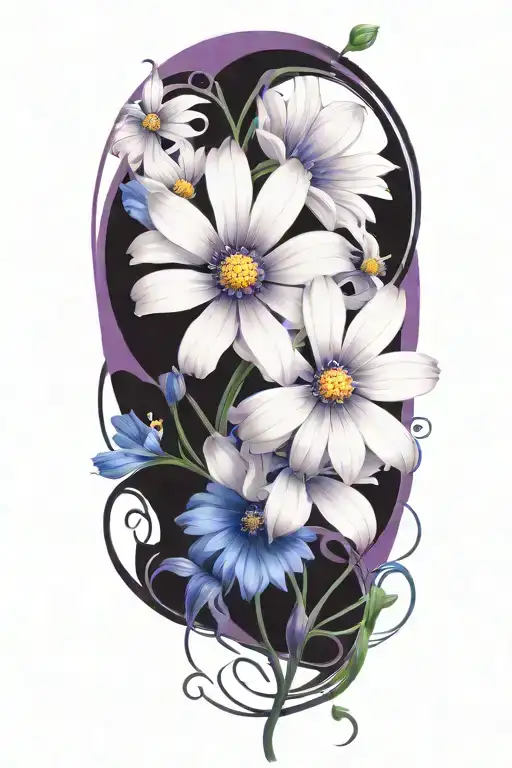 purple daisy flowers intertwined with blue cosmos flowers tattoo design idea