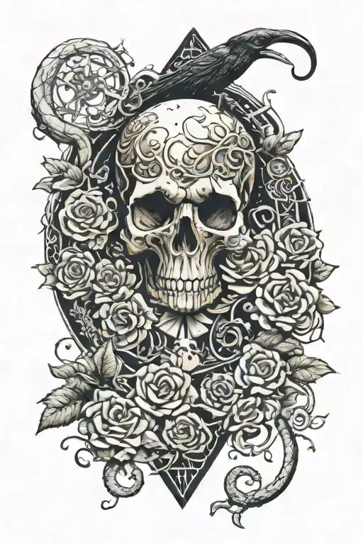 tree snake one pyramid crow waterfalls eyeball wheelchair sun, moon ,whale, dragon emersing, yinyang skull roses tattoo design idea