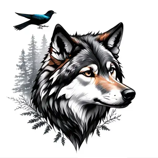 wolf and bird and trees feminine tattoo design idea