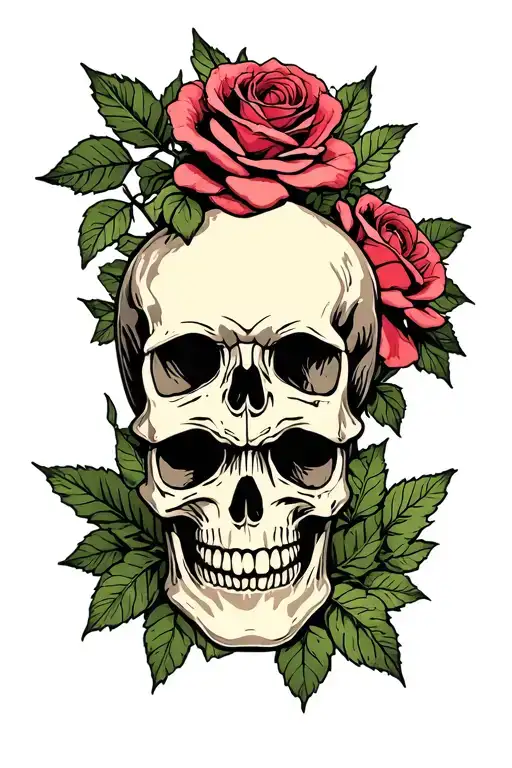 skulls and rosea with pot leaves intertwined tattoo design idea