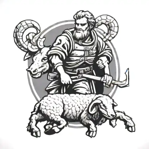 Biblical shepherd rescuing a sheep, marine corps emblem, digital camouflage, armor, tattoo design idea