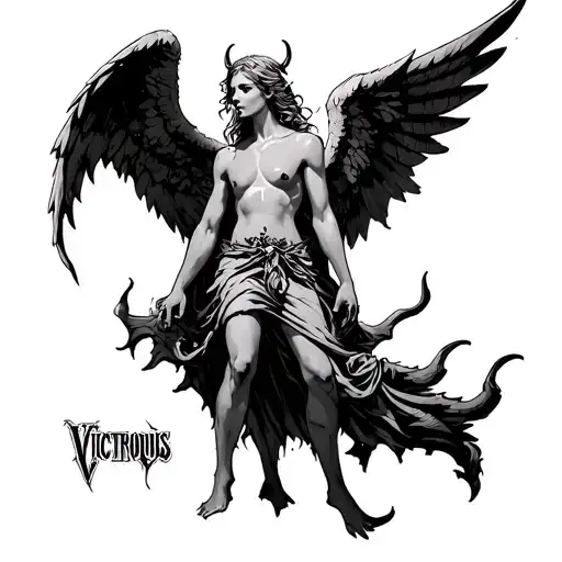 angel defeat and stand victorious on devil wing tattoo design idea
