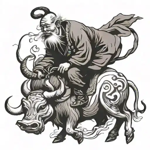 old chinese man riding ox tattoo design idea