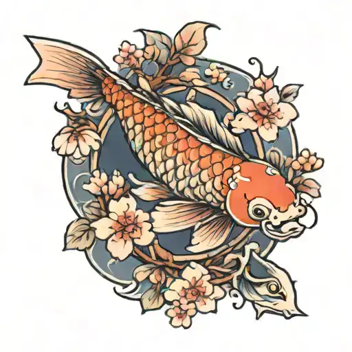 Koi fish with cherry blossom branches and a tiny bird on the branch, scales in the background   Japanese tradition  tatt tattoo design idea