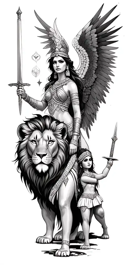 lion + aztec princess + angel holding a sword tattoo design idea