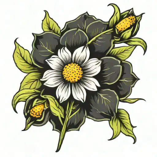 daisy flower, daffodil flower, cosmo flower, marigold flower, rose, honeysuckle flower connect them all with vines/ stem tattoo design idea