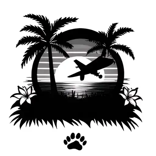 silhouette of a Jet flying over a sunrise with palm trees.  lilies and 2 dog paw prints are on the bottom of the scene. tattoo design idea