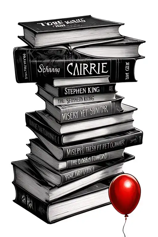 Stack of old Stephen King books (IT, The Shining, Carrie, Misery, Pet Sematary, Cujo, The Dark Tower) with a red balloon tattoo design idea