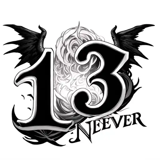 number 13 with demon wings and word never tattoo design idea