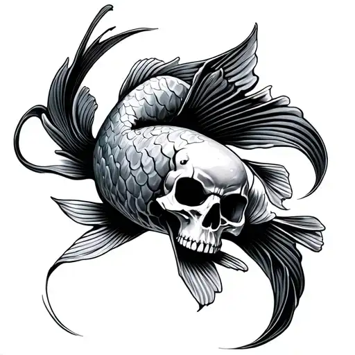 Japanese koi fish swimming with skull mask tattoo design idea