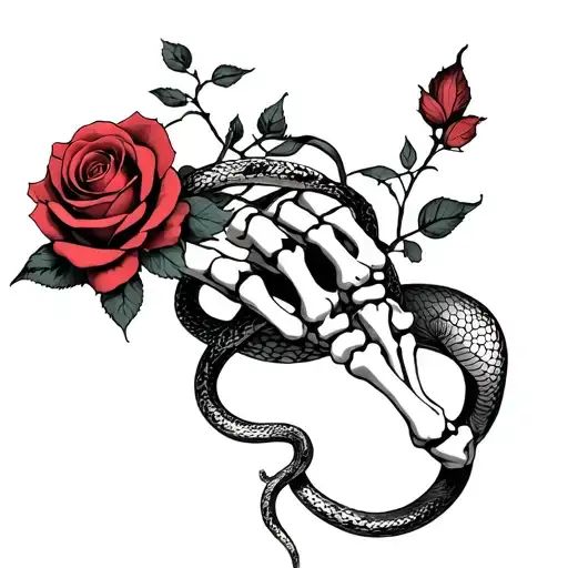 skeleton hand with a rose on the back hand and snake wrapping around the fingers of the skeleton hand and the rose tattoo design idea