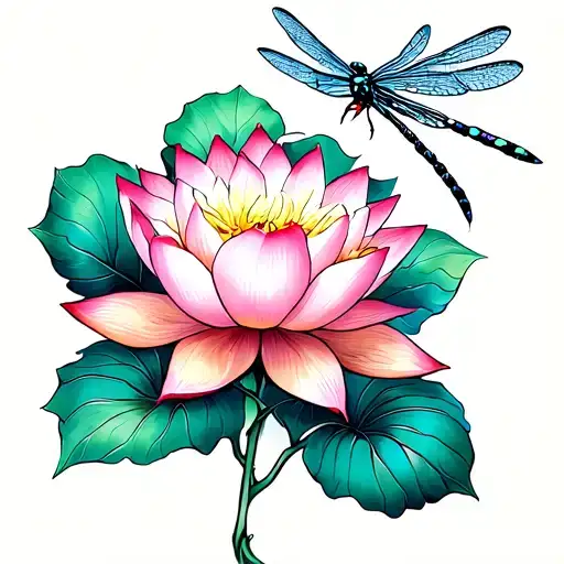 lotus with dragonfly hovering tattoo design idea