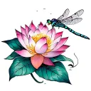lotus with dragonfly hovering tattoo design idea