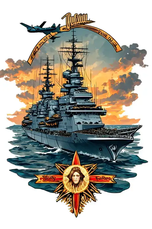 nautical arm sleeve with two ships (aircraft carrier and LSD amphib), with Mary star of the sea on the inside forearm tattoo design idea