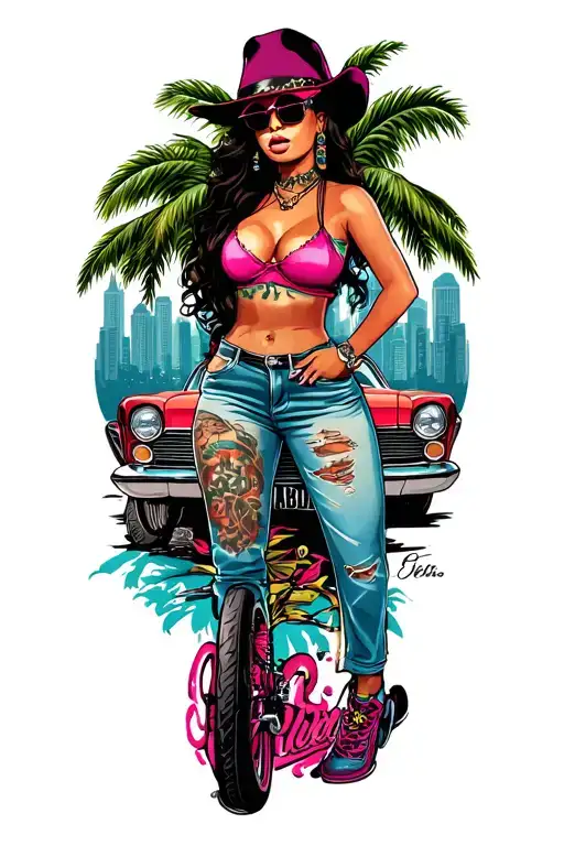 gangster Chicano art with a hot chick a low rider and a city and palm trees in the background  tattoo design idea