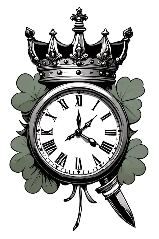  4 leaf clover- chess king crown and clock with knife stabbing tattoo design idea