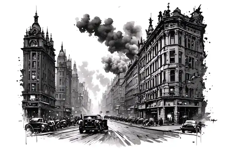 The street perspective of a bombed European city during World War II. Dredd and despair. Grayscale.  tattoo design idea