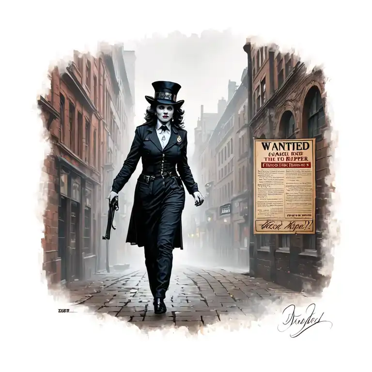 woman jack the ripper walking past wanted poster with police tattoo design idea