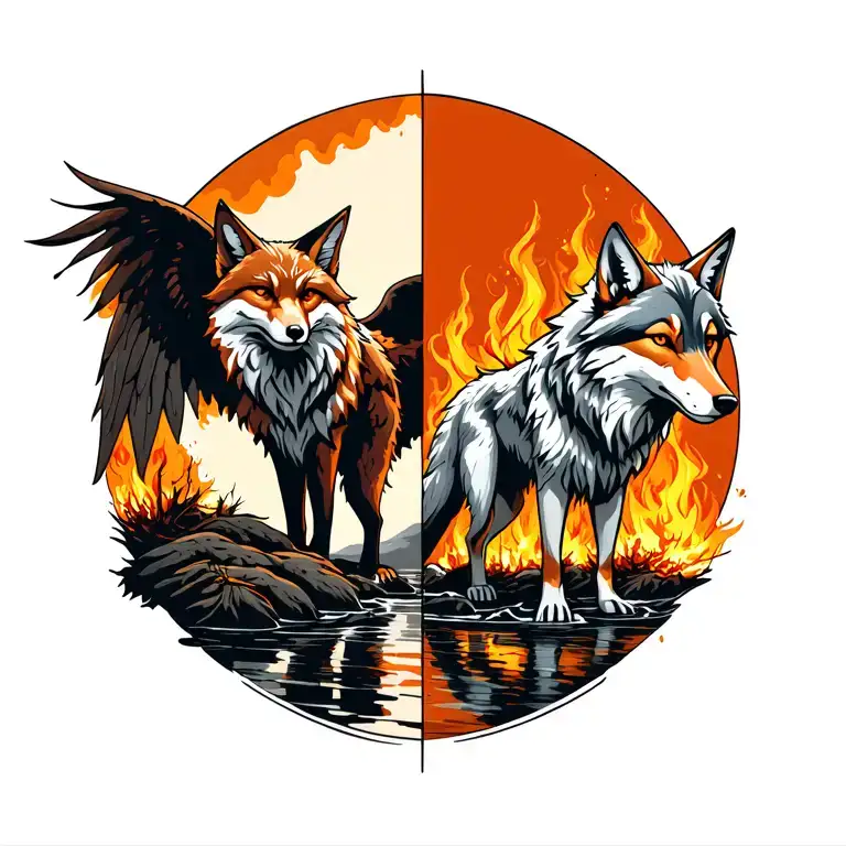 demonic fox standing in a creek on one side, other side angelic wolf standing in burning forest tattoo design idea